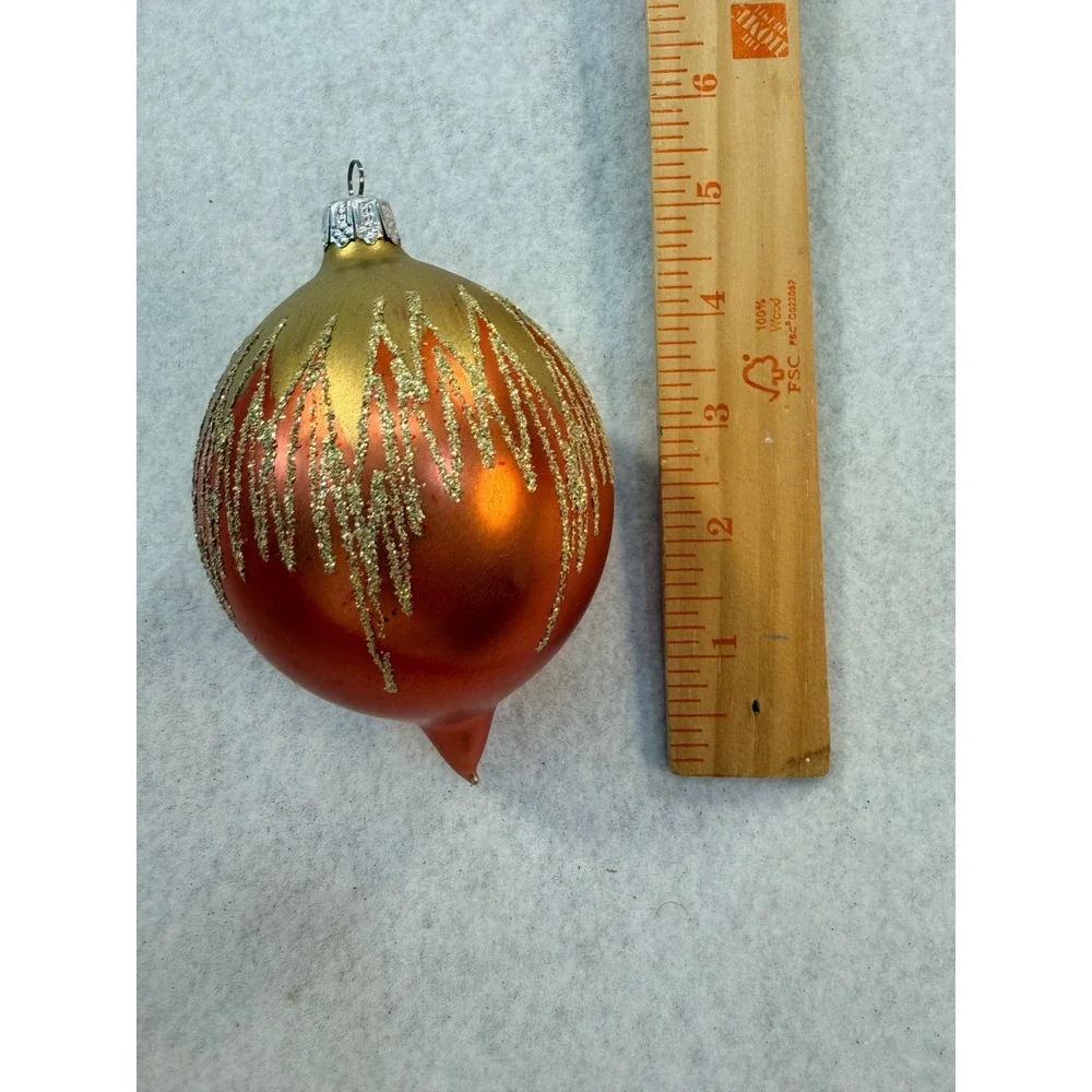 Vintage Style Glass Christmas Ornament Orange Gold Glitter Icicle Teardrop 4.5in